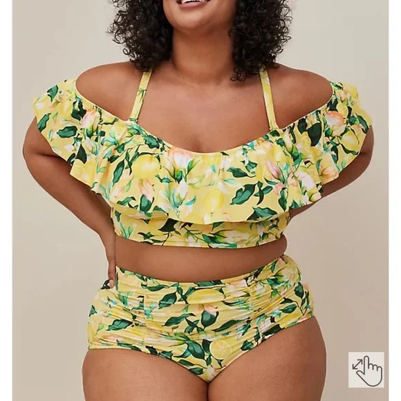 torrid Swim Torrid Lemon Print Off Shoulder Ruffle Swim Top